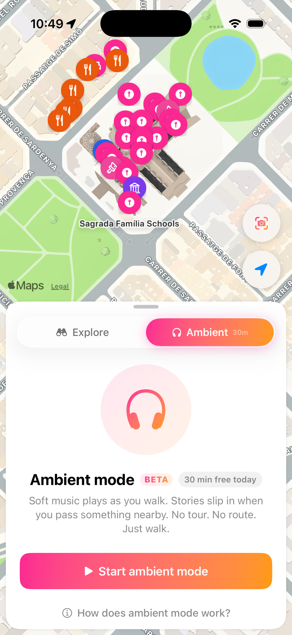 Naruho ambient mode panel showing the BETA pill, soft music description, and Start ambient mode button