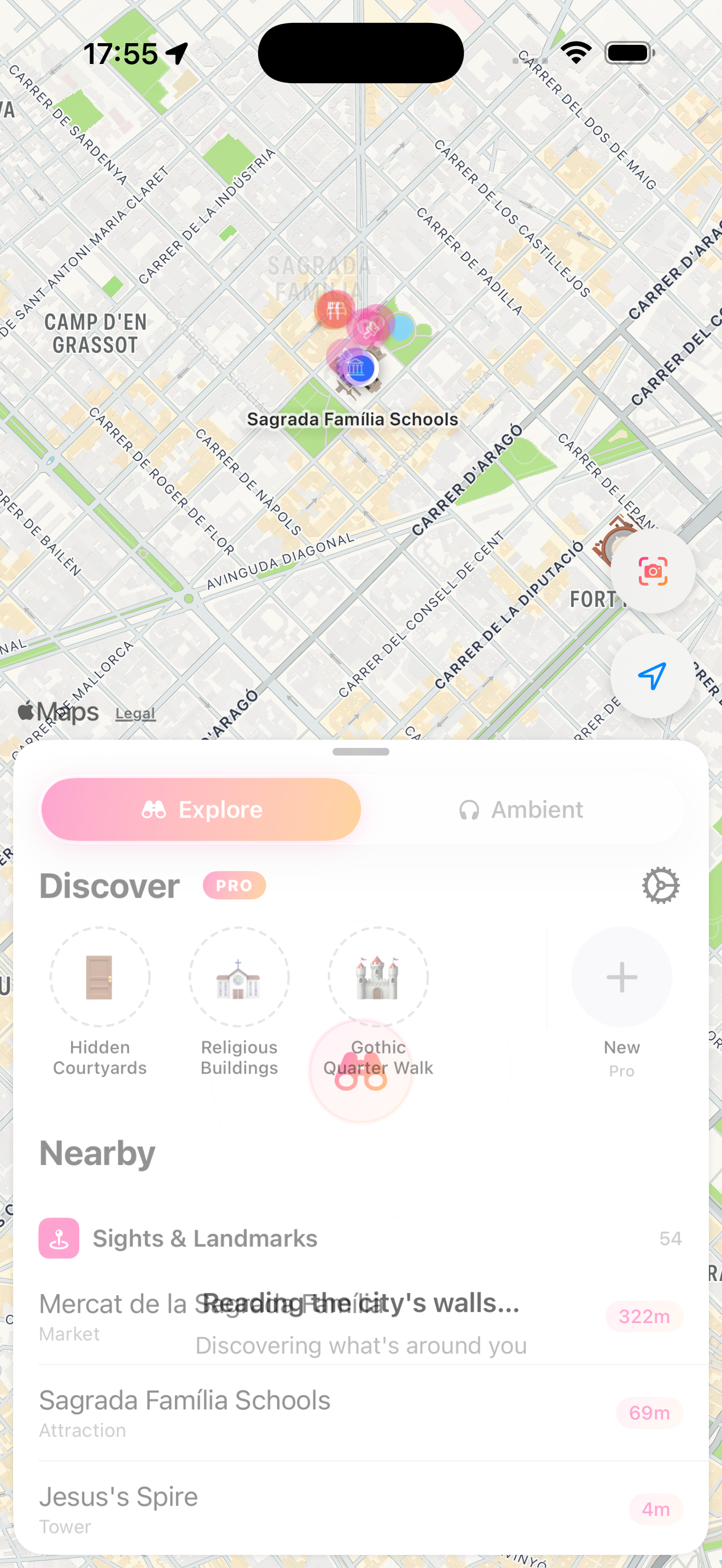 Naruho home screen with a map of Barcelona, the Explore and Ambient capsule, and nearby landmarks