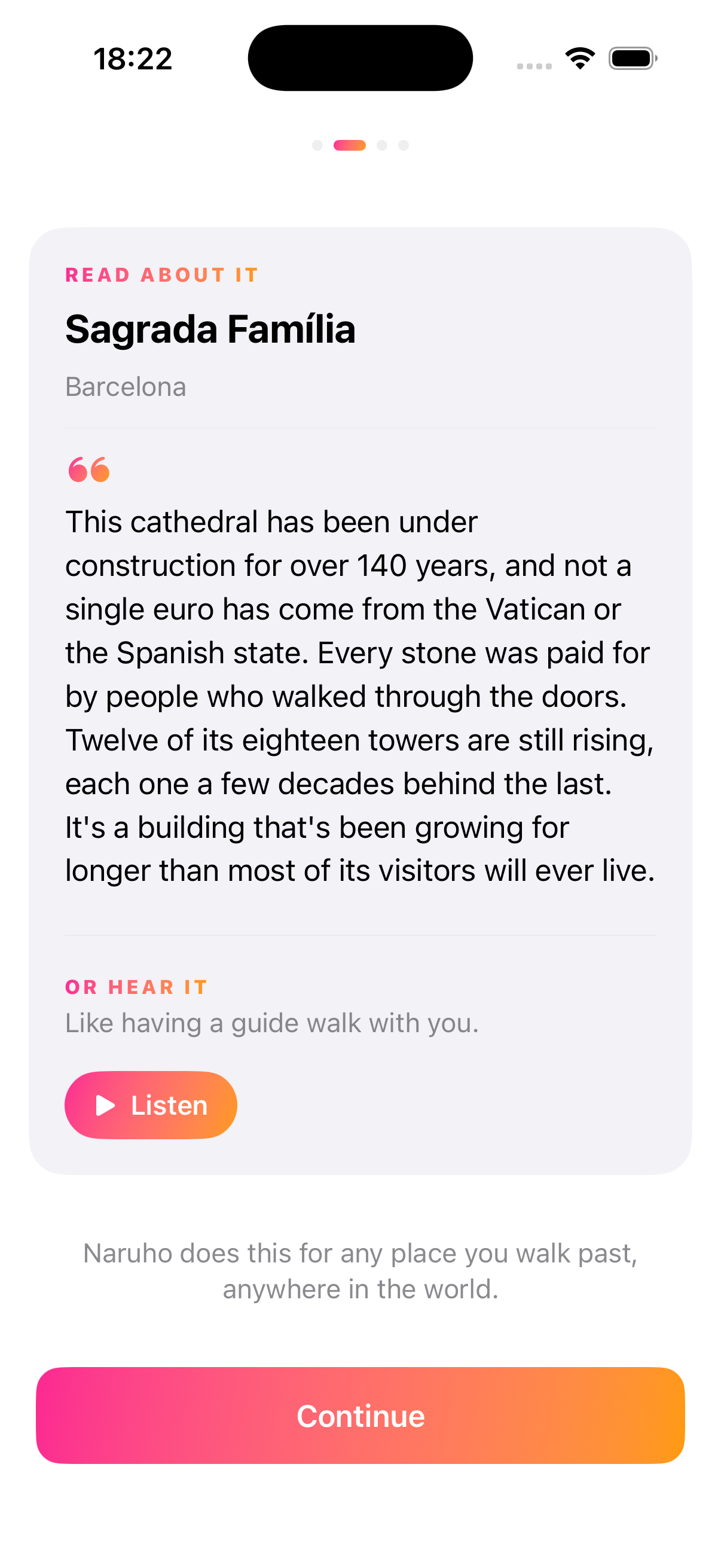 Naruho onboarding showing a Sagrada Família story card
