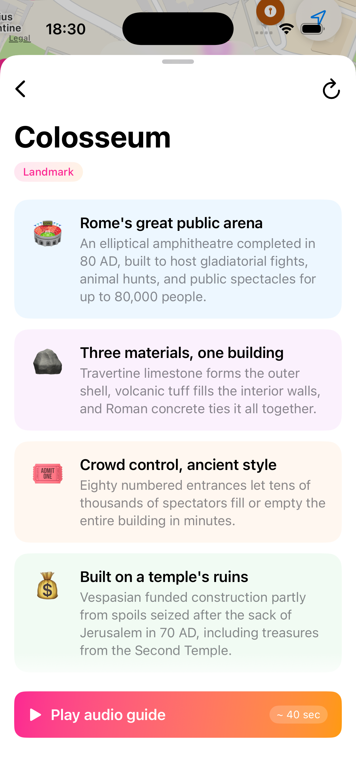 Naruho place detail card for the Colosseum with four fact cards